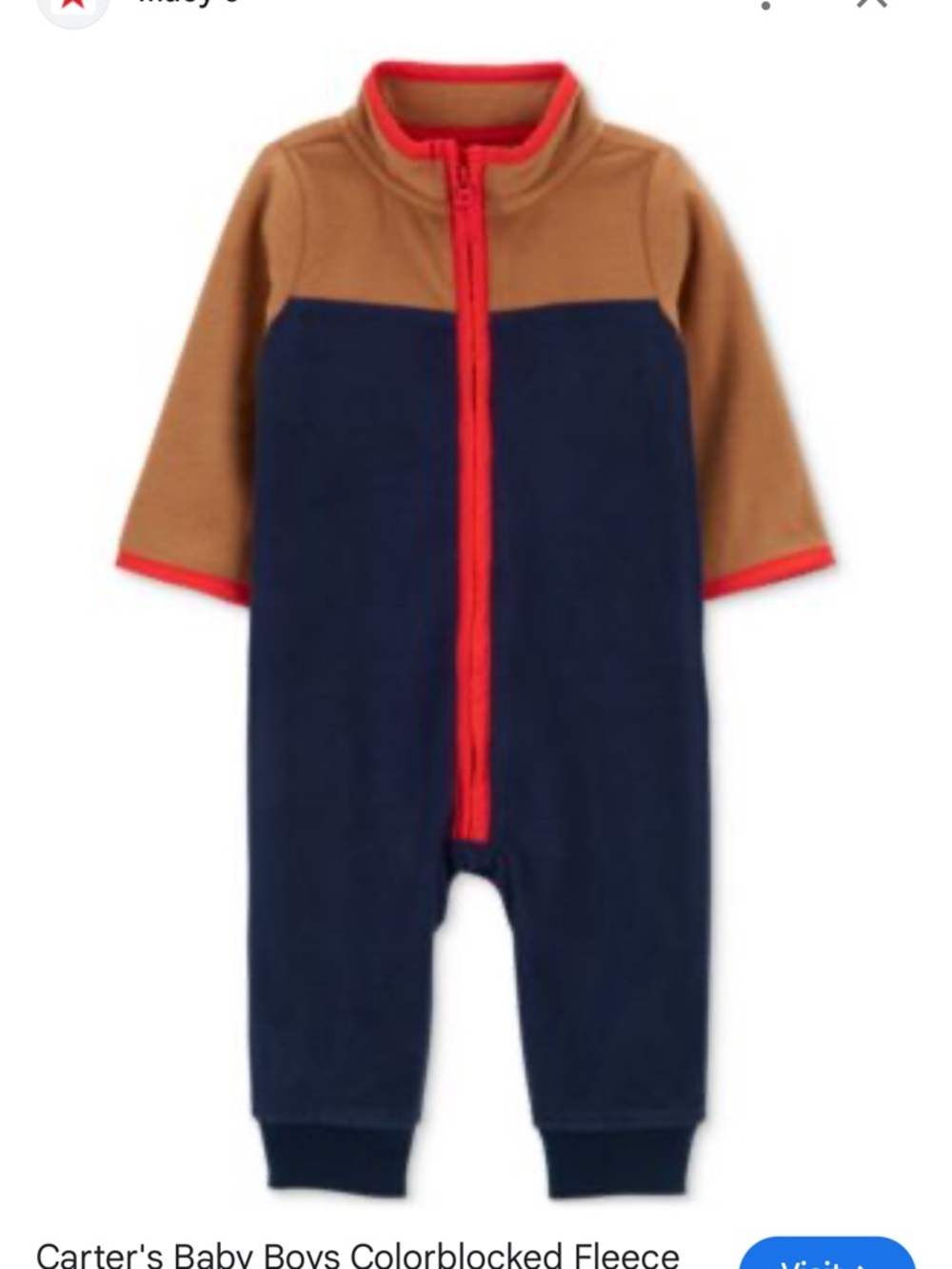 Carter's Navy and Brown Fleece One-Piece with Red Zip